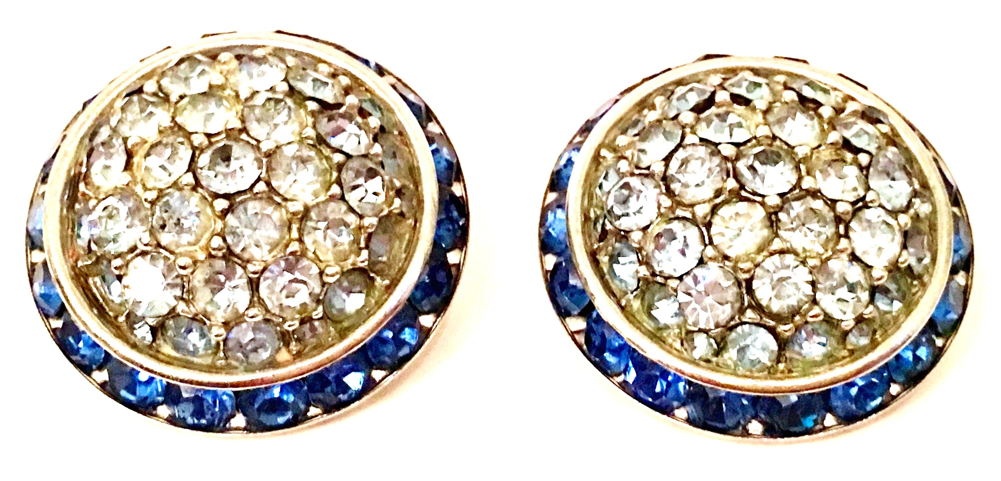 60'S Silver & Blue Sapphire Crystal Dome Earrings By Coro In Good Condition For Sale In West Palm Beach, FL