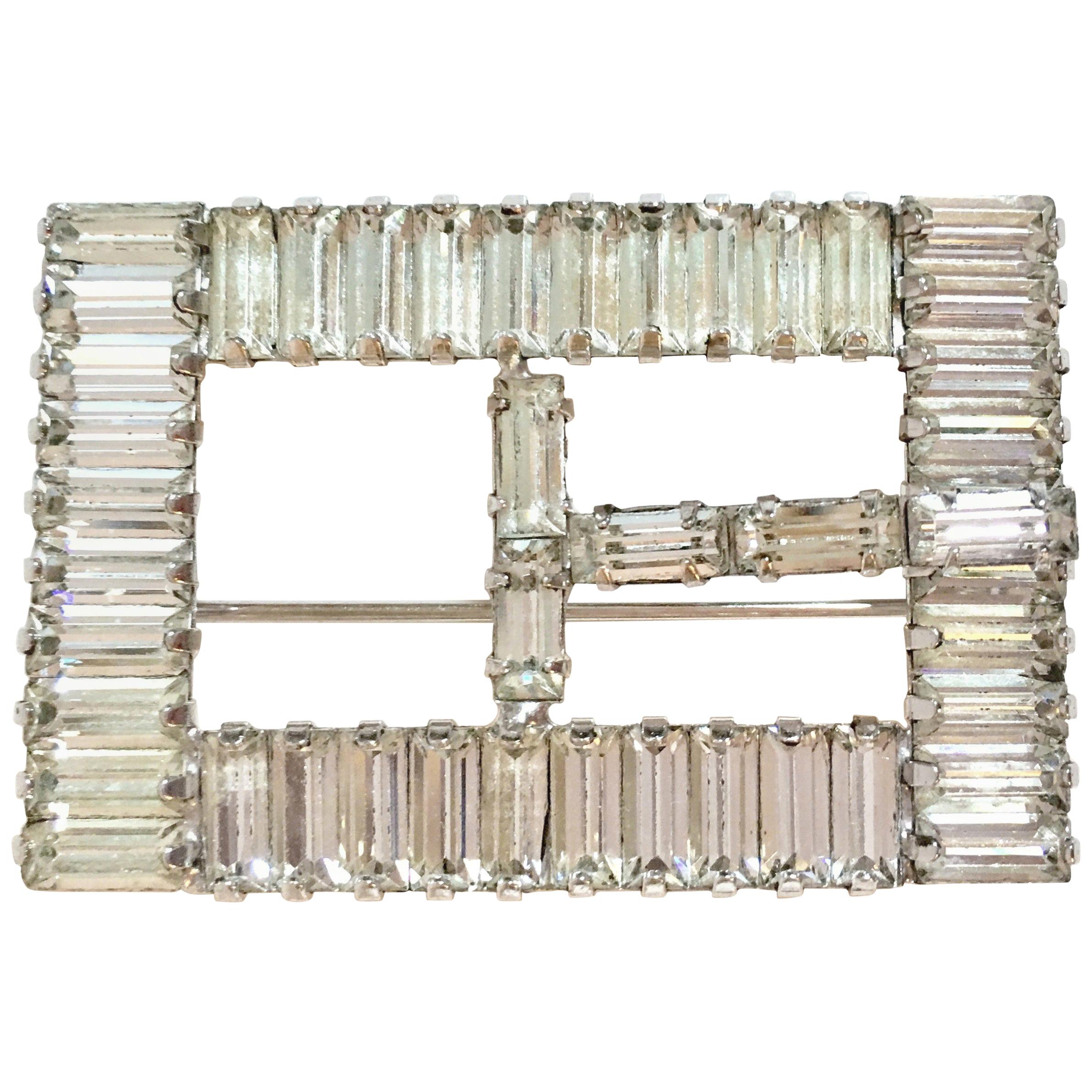 60'S Silver & Crystal Clear Swarovski Crystal "Buckle" Brooch  For Sale