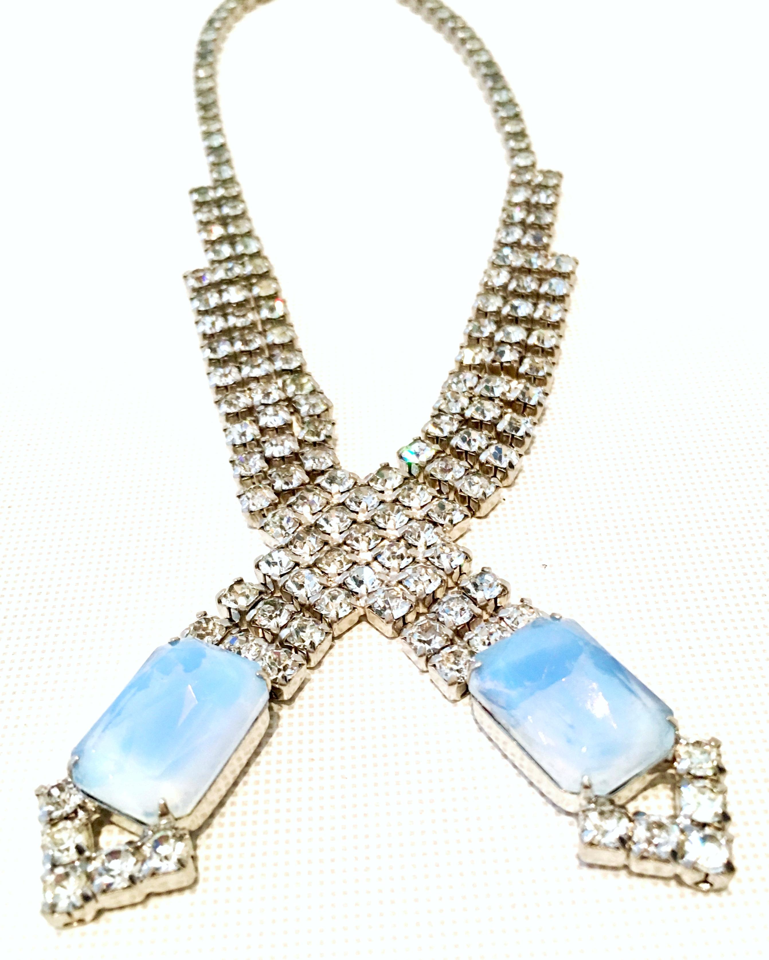 60'S Silver Swaorovski Crystal & Blue Glass Moonstone Choker Necklace 1