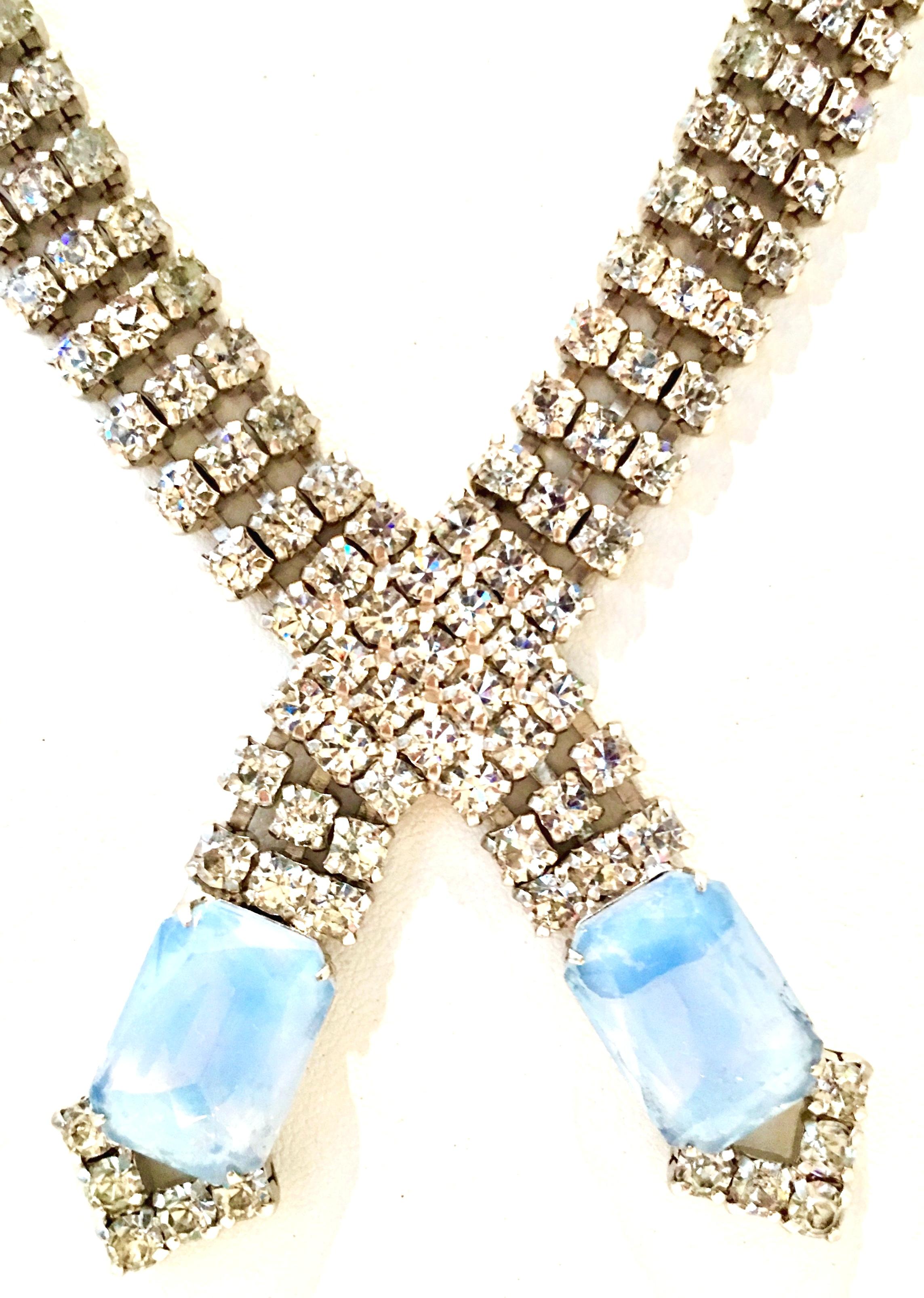 60'S Silver Swaorovski Crystal & Blue Glass Moonstone Choker Necklace 2