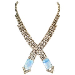 60'S Silver Swaorovski Crystal & Blue Glass Moonstone Choker Necklace
