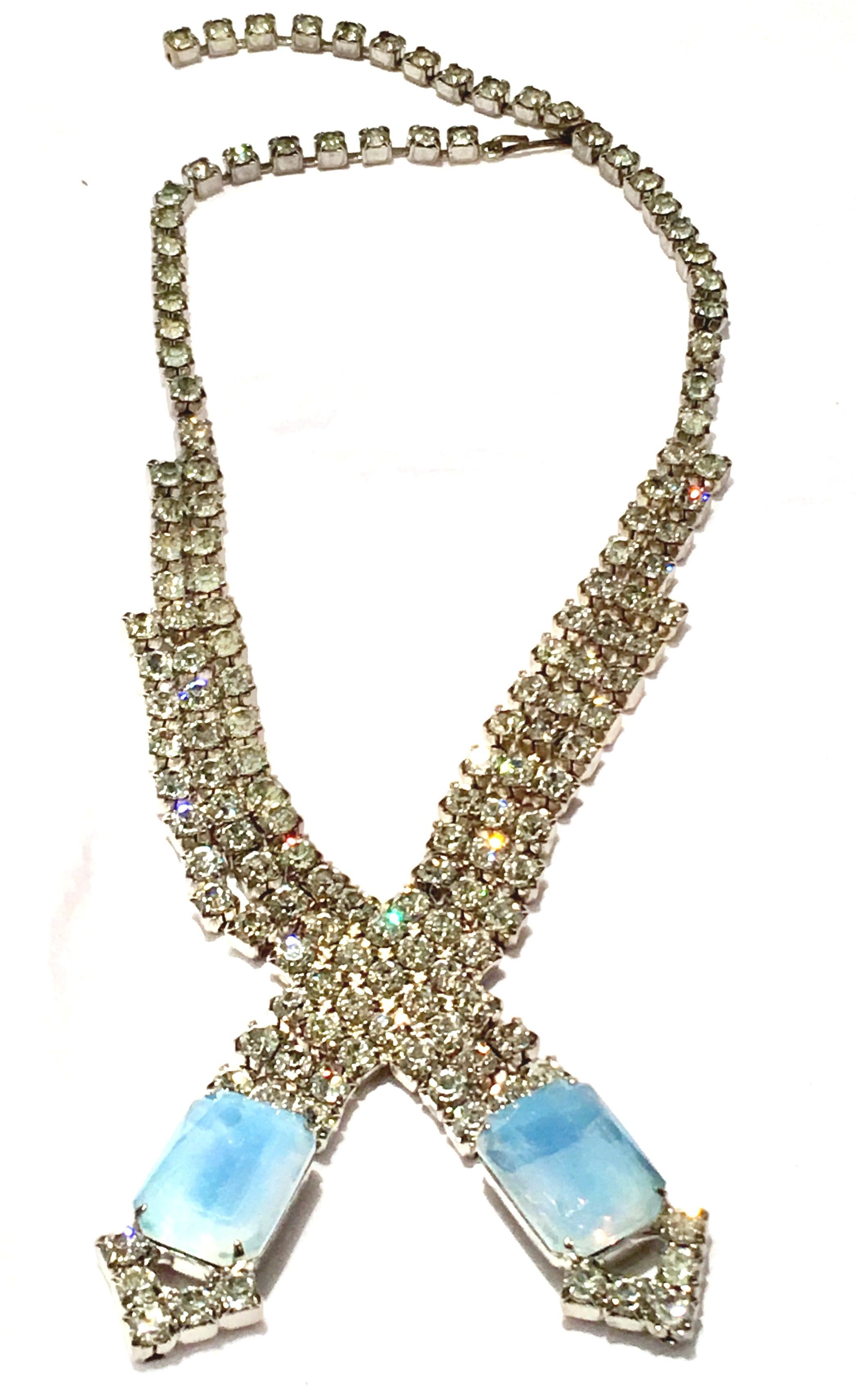 Women's or Men's 60'S Silver Swaorovski Crystal & Blue Glass Moonstone Choker Necklace