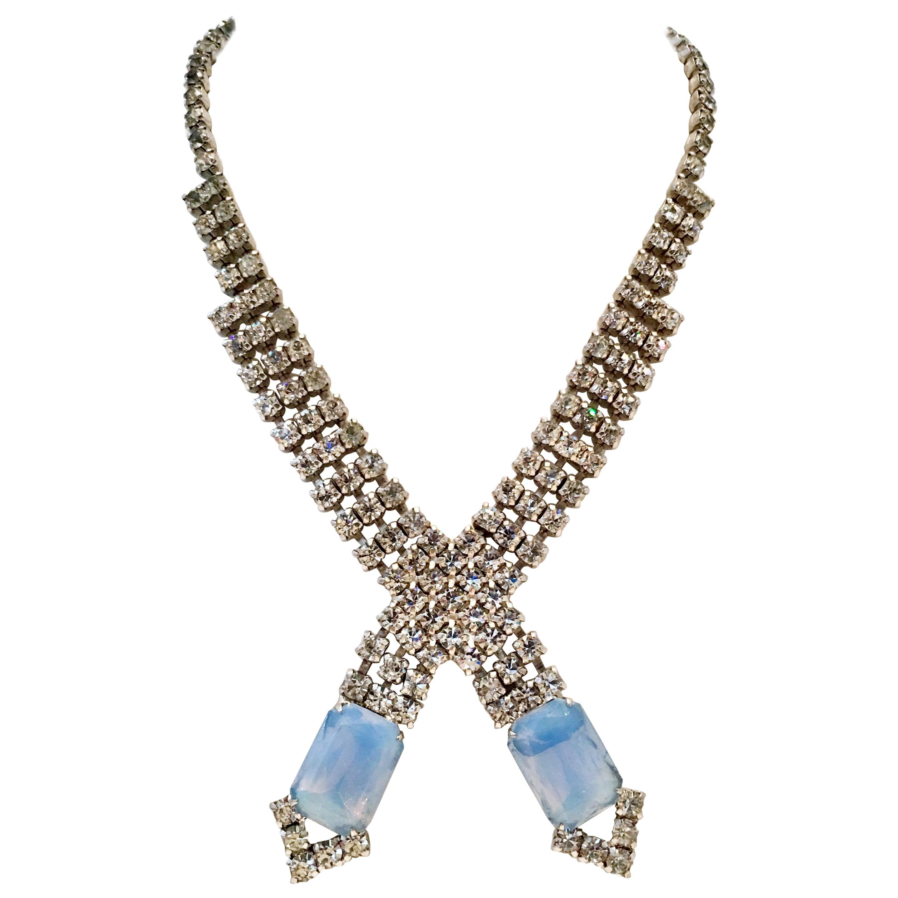 60'S Silver Swaorovski Crystal & Blue Glass Moonstone Choker Necklace