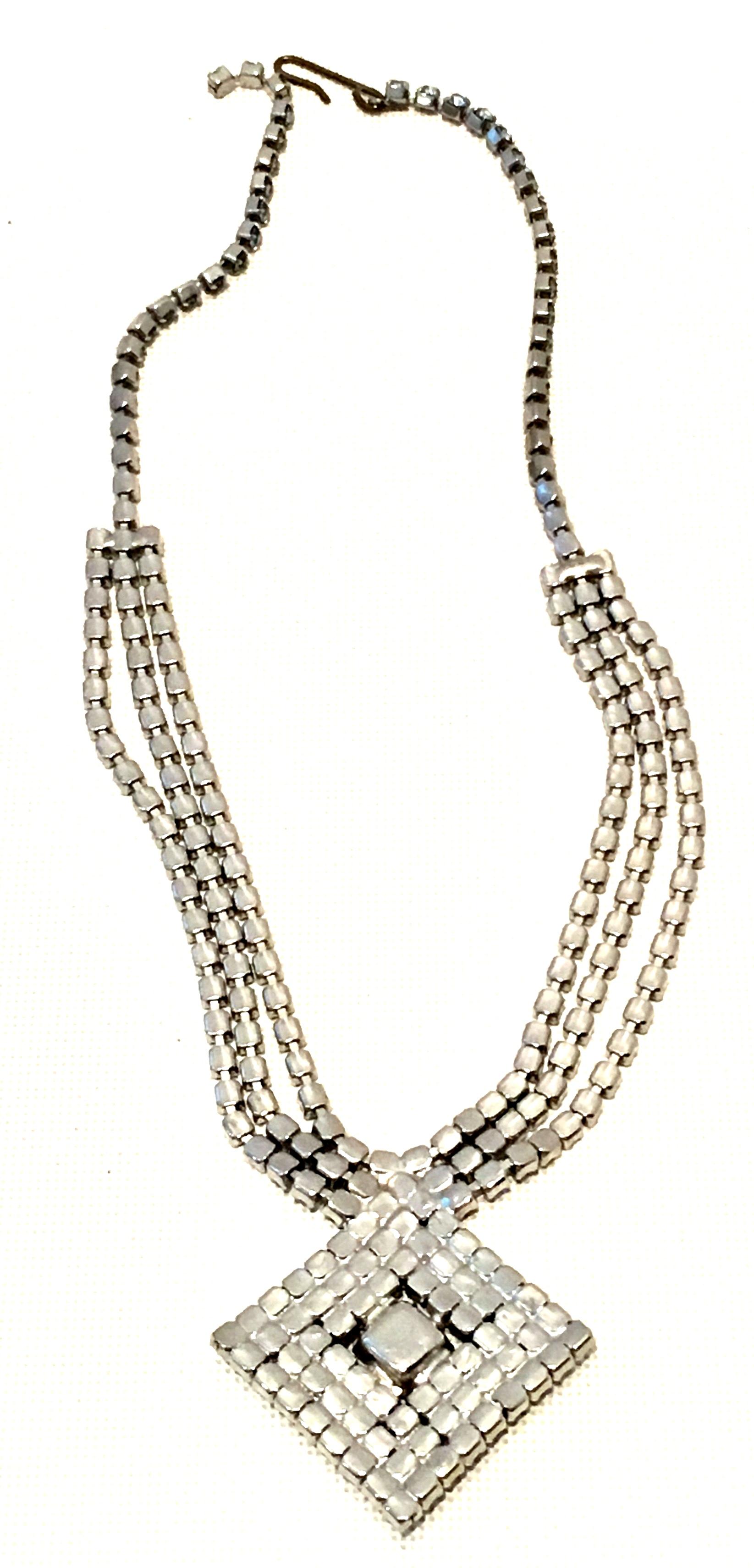 60'S Silver & Swarovski Crystal Triple Row Pendant Choker Necklace For Sale 5