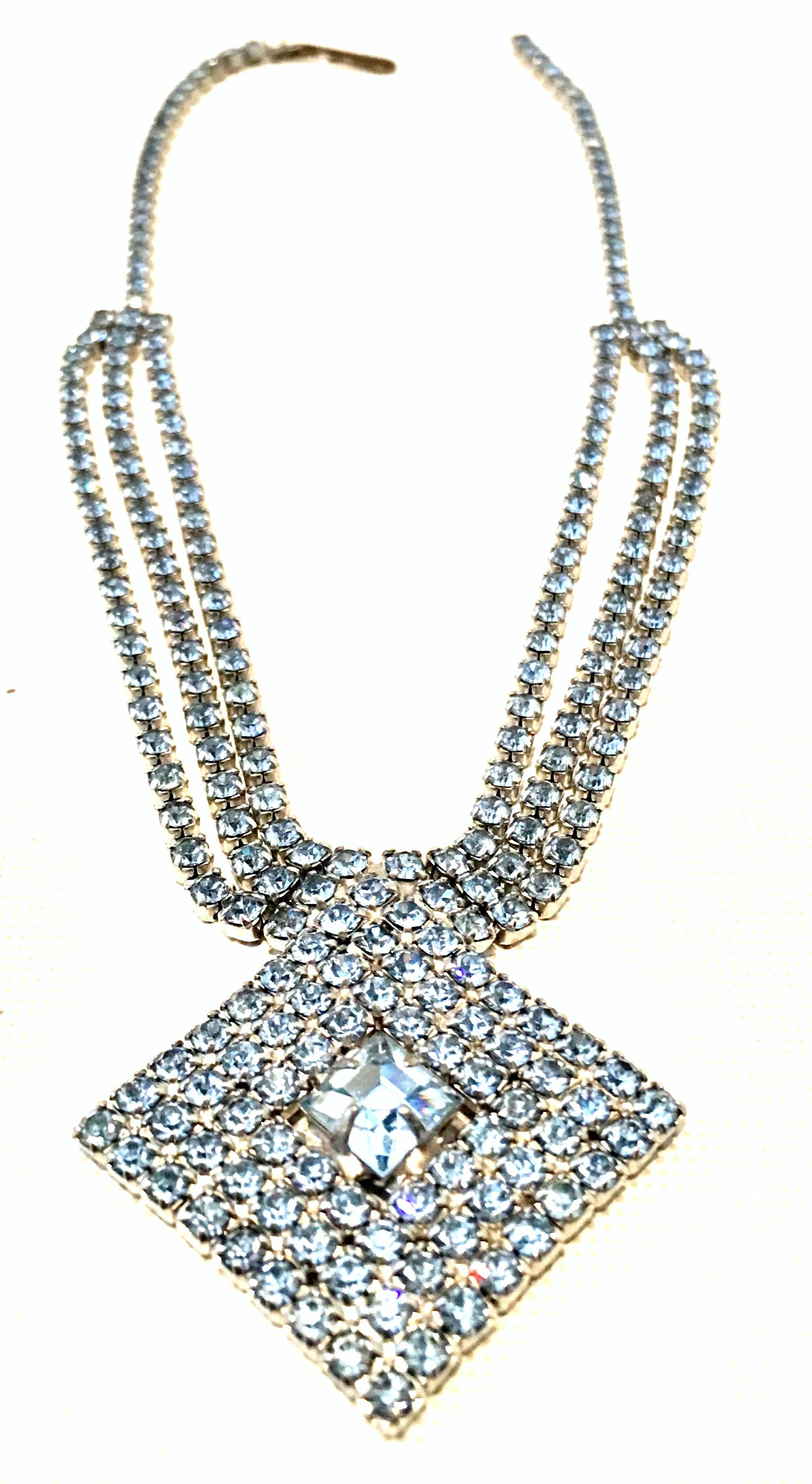 Art Deco 60'S Silver & Swarovski Crystal Triple Row Pendant Choker Necklace For Sale
