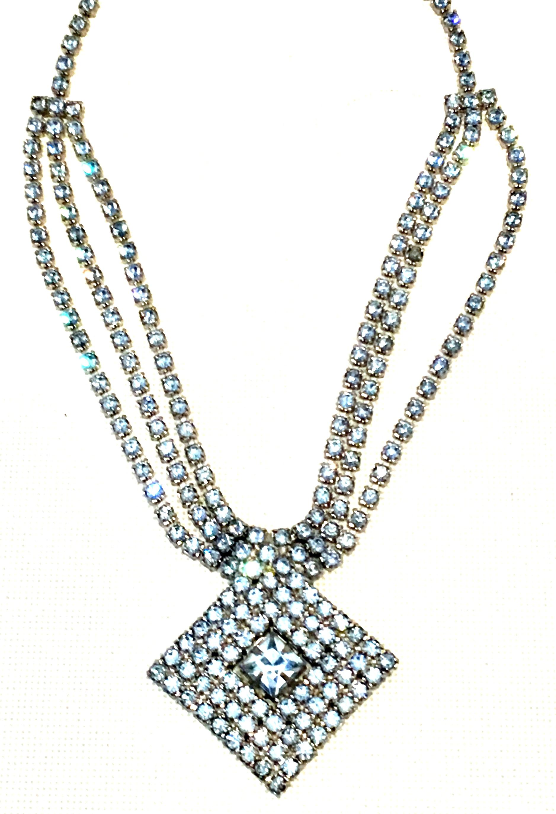 60'S Silver & Swarovski Crystal Triple Row Pendant Choker Necklace In Good Condition For Sale In West Palm Beach, FL