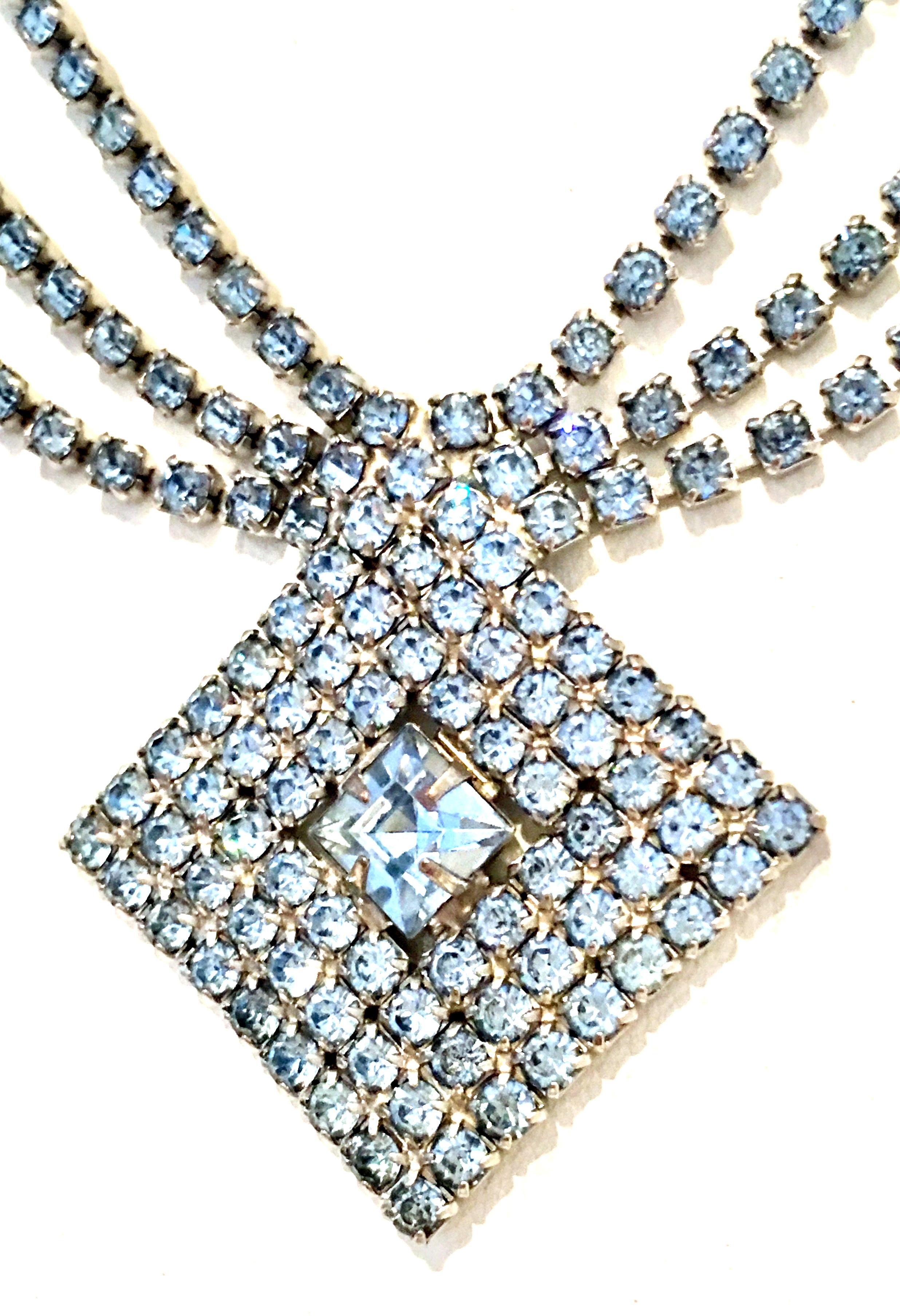 Women's or Men's 60'S Silver & Swarovski Crystal Triple Row Pendant Choker Necklace For Sale