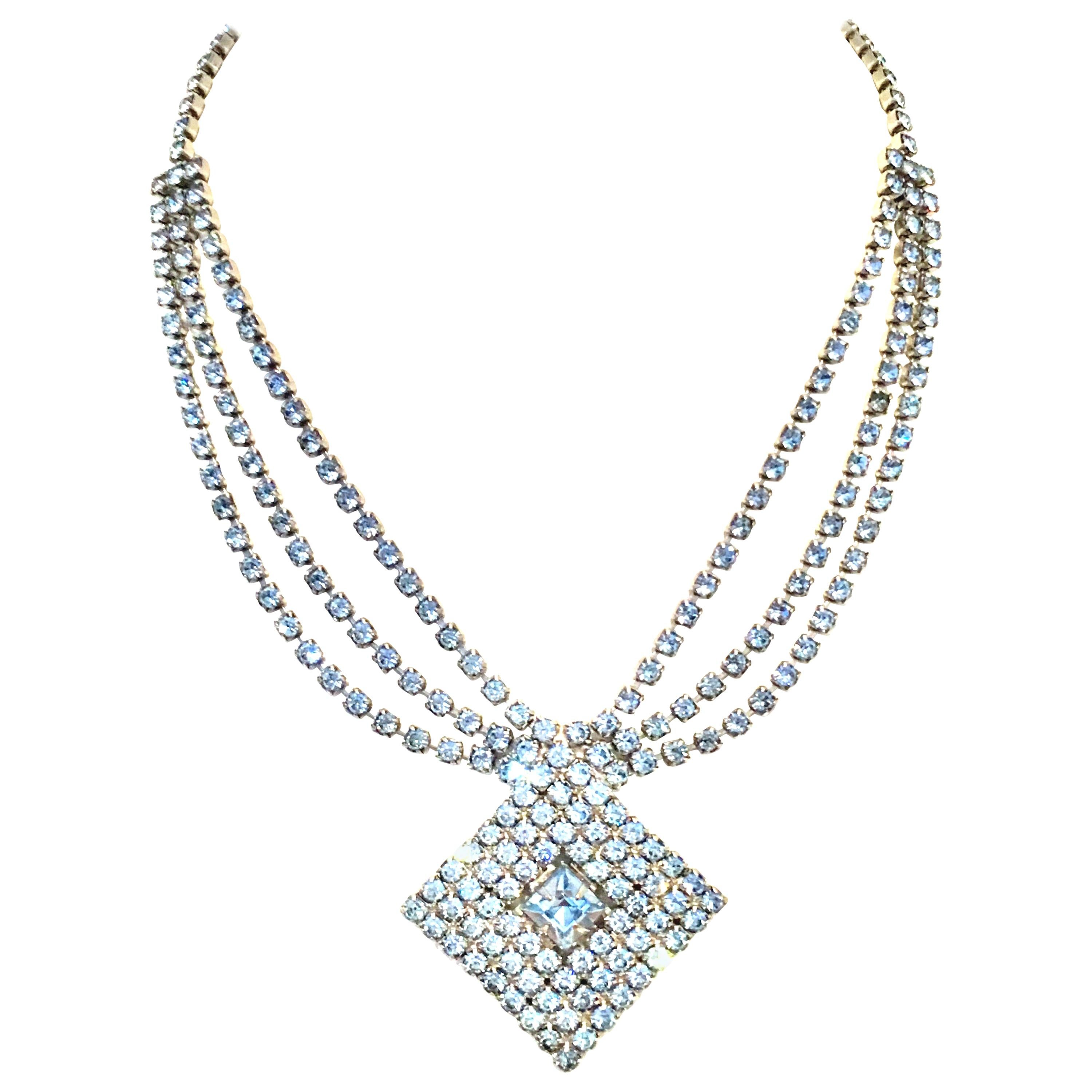 60'S Silver & Swarovski Crystal Triple Row Pendant Choker Necklace For Sale