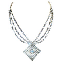 60'S Silver & Swarovski Crystal Triple Row Pendant Choker Necklace