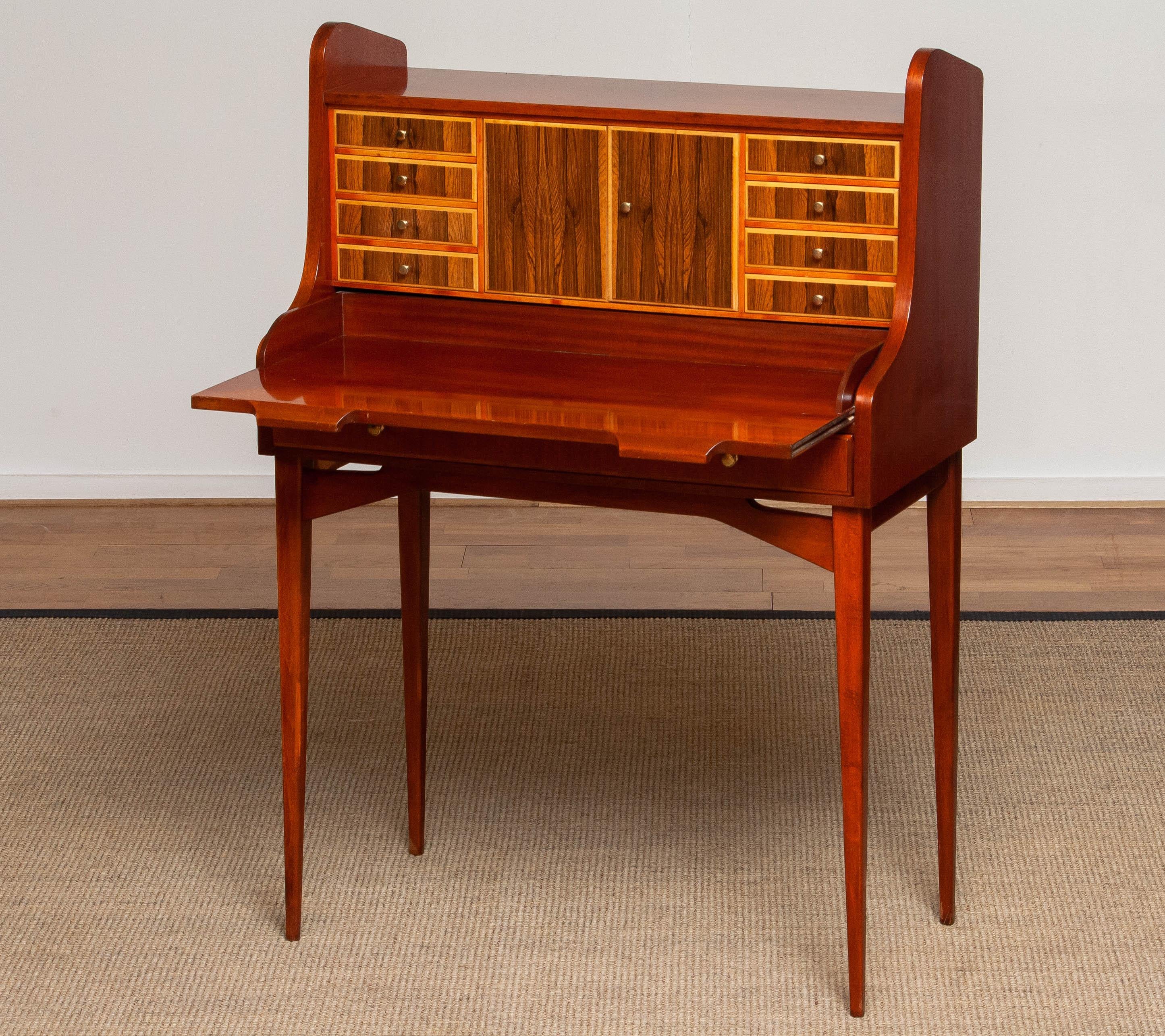Mid-20th Century '60s Slim Leg Secrétaire / Vanity with Inlay of Elm and Walnut, Sweden For Sale