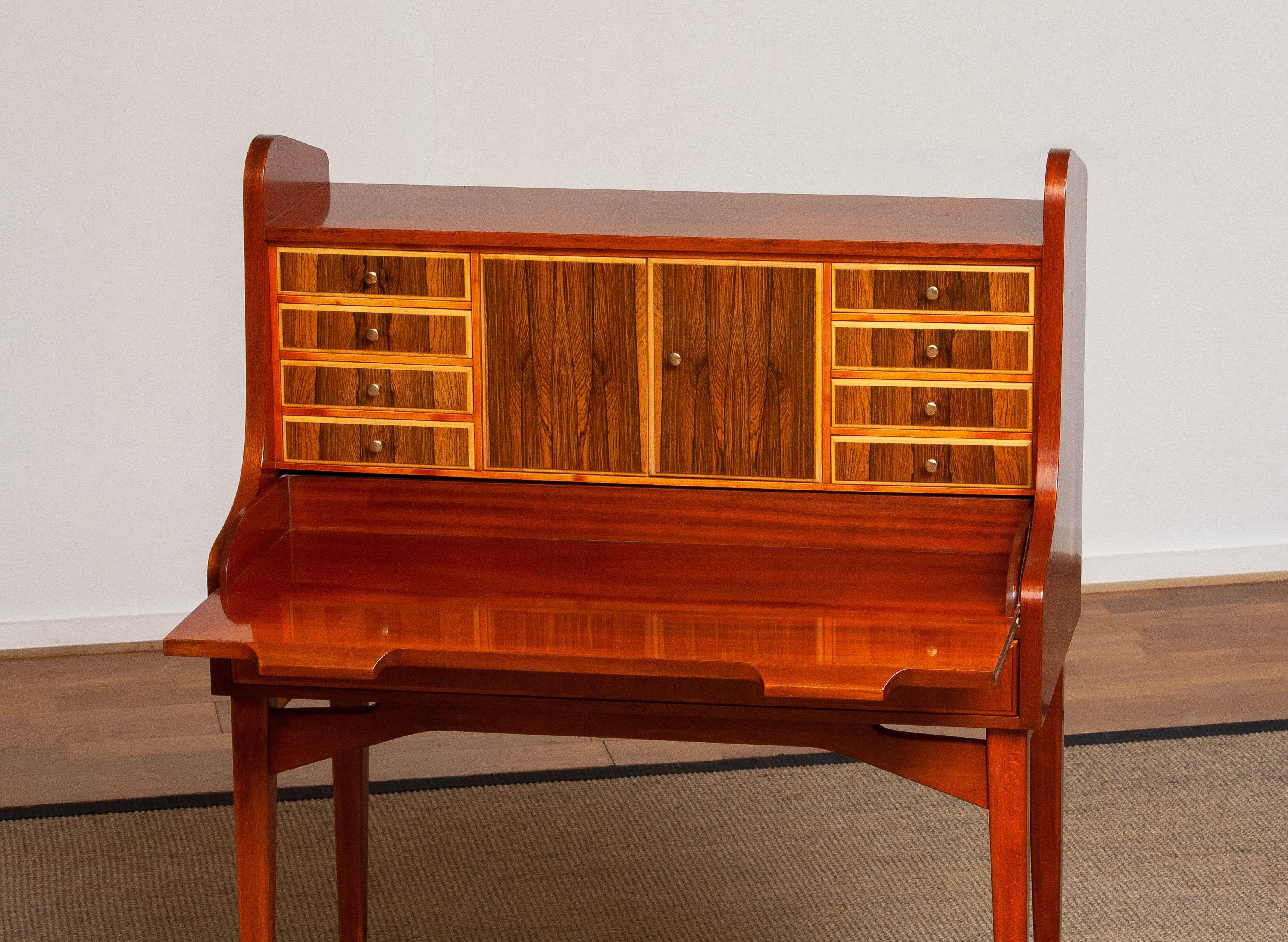 '60s Slim Leg Secrétaire / Vanity with Inlay of Elm and Walnut, Sweden For Sale 1