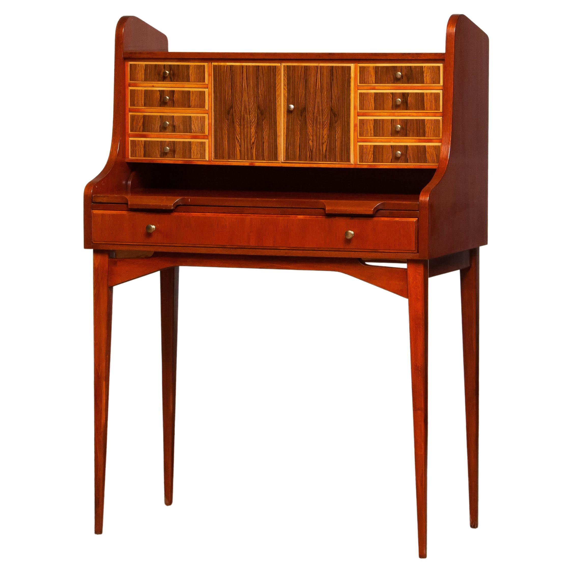 '60s Slim Leg Secrétaire / Vanity with Inlay of Elm and Walnut, Sweden