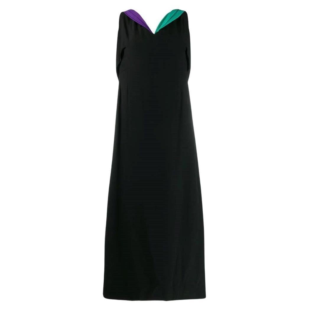 60s Sorelle Fontana black dress with back purple and green drapery