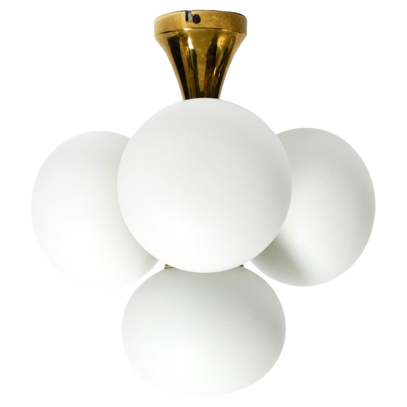 60s Space Age Kaiser Leuchten brass ceiling lamp with 4 white oval glass spheres For Sale