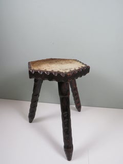 60s Spanish Rustic Folk Stool in Carved Wood with Leather Hide Upholstered Seat