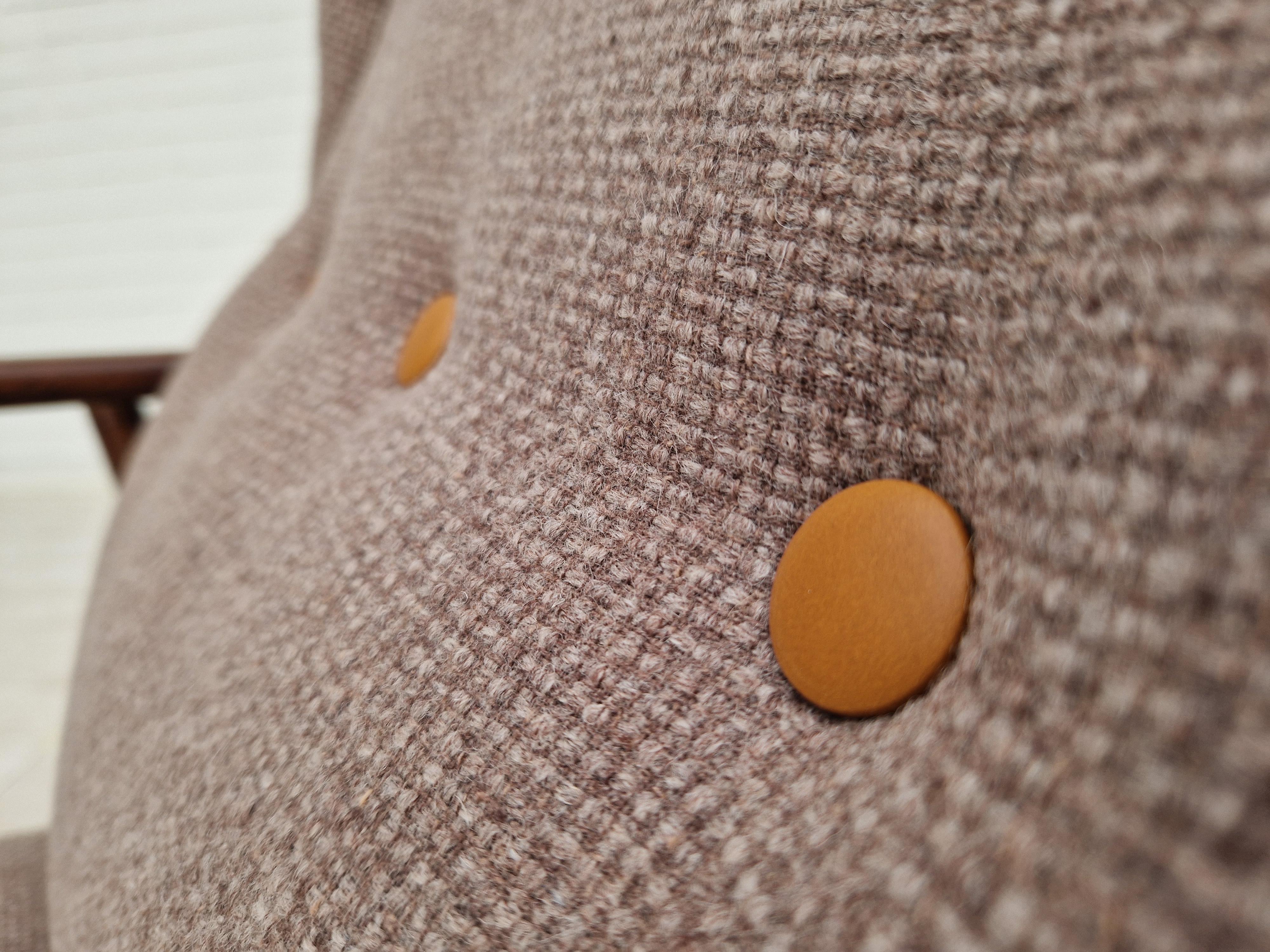 1960s, Swedish design. Completely renovated-reupholstered armchair. Upholstered in quality Nevotex beige furniture wool fabric. Cognac leather buttons. New upholstery with natural coconut mat. Renewed legs and armrests made of beech wood. Original