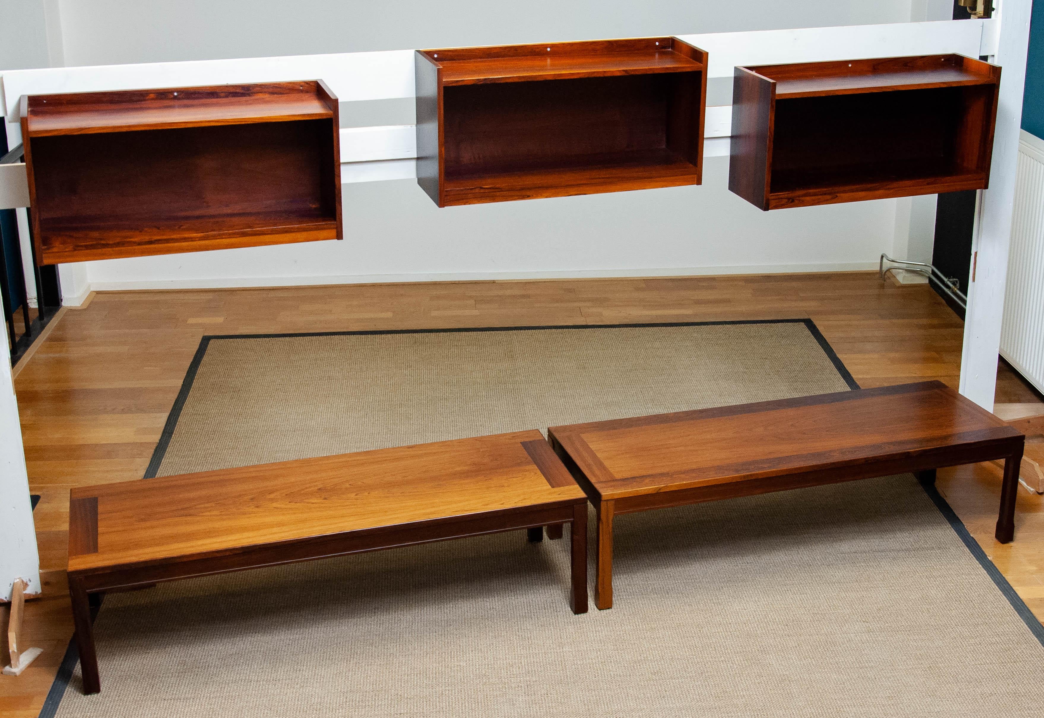 60s Hovering Rosewood Wall Mounted Cabinets Shelfs With Two Matching Side Tables In Good Condition For Sale In Silvolde, Gelderland