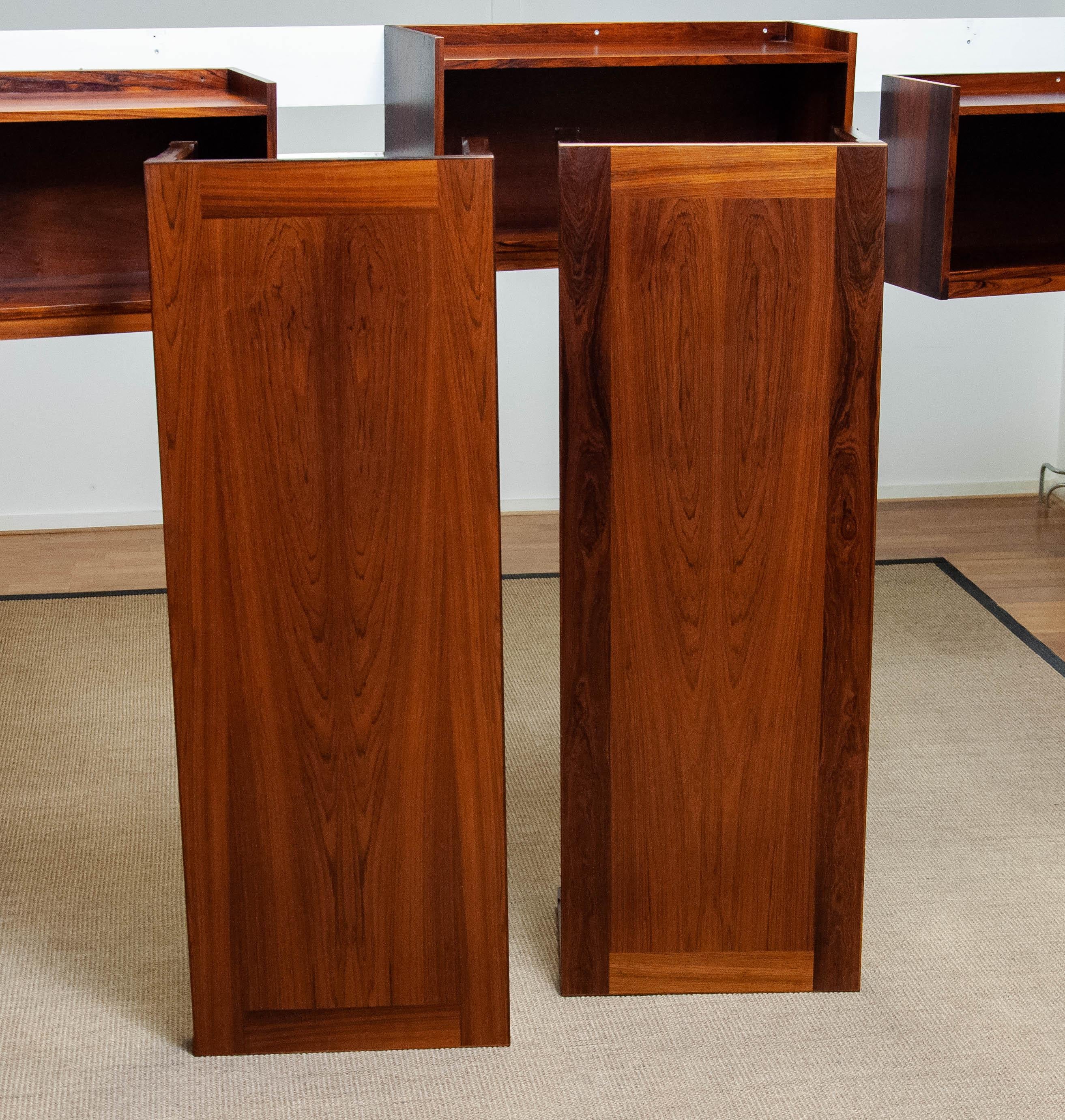 Mid-20th Century 60s Hovering Rosewood Wall Mounted Cabinets Shelfs With Two Matching Side Tables For Sale