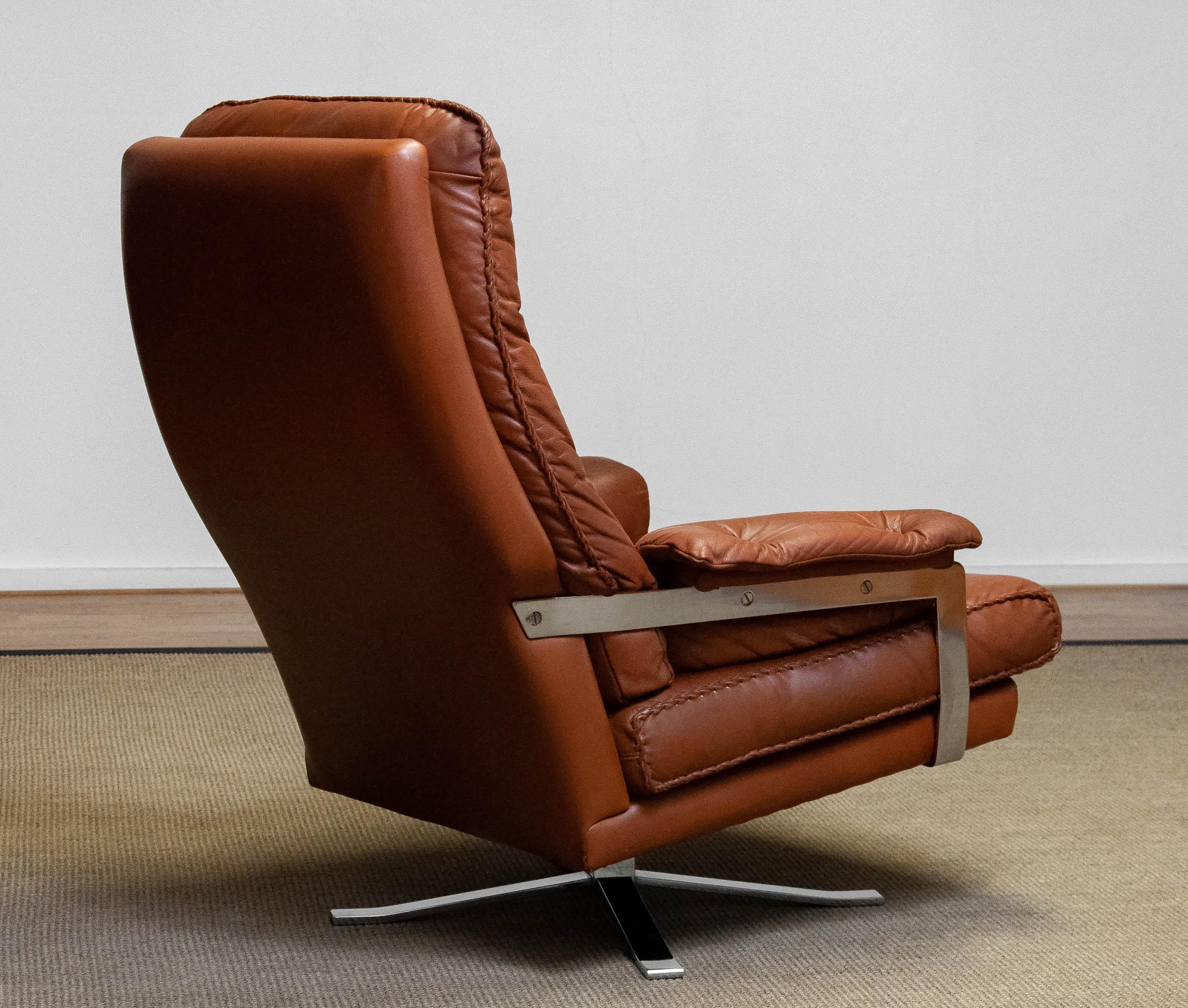 60s Tan Brown Handstitched Leather Swivel Chair by Arne Norell for Vatne Norway For Sale 1