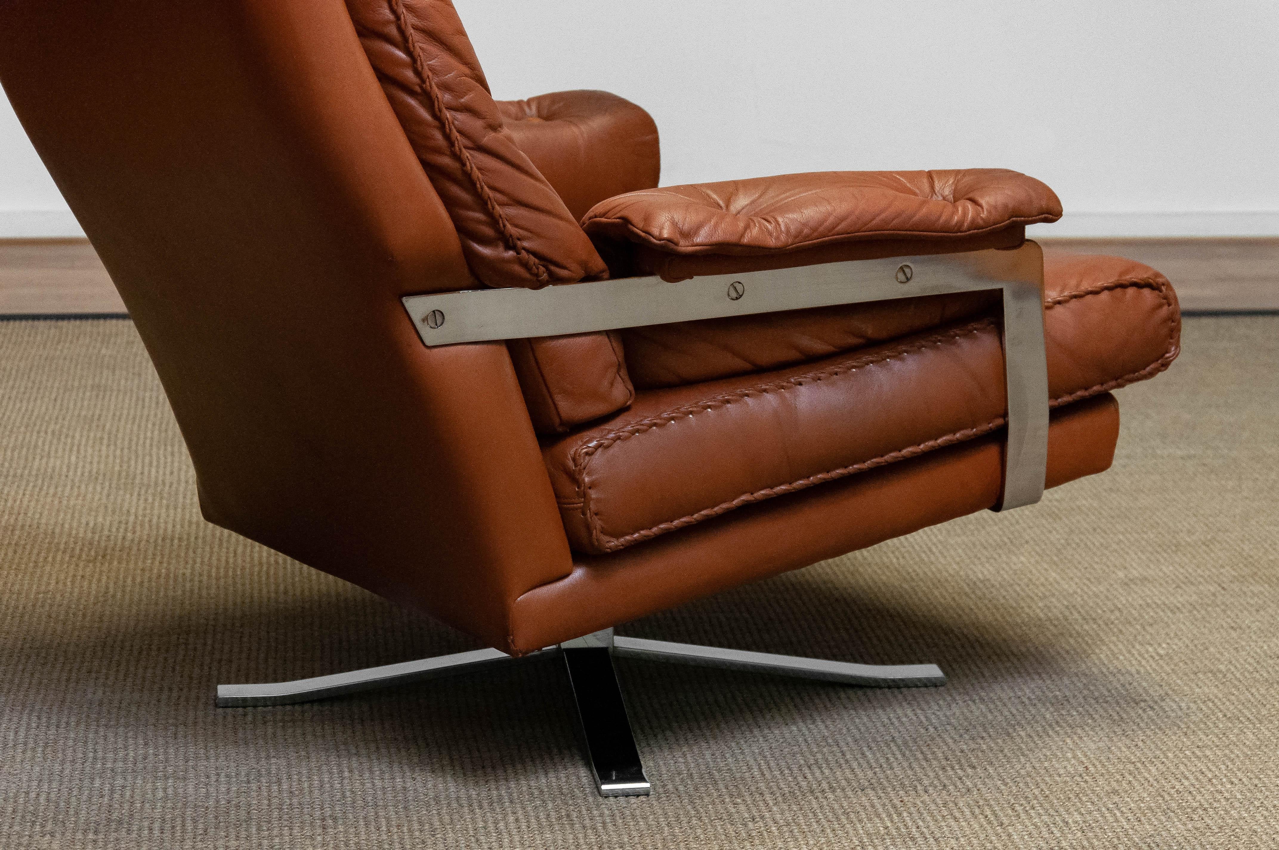 60s Tan Brown Handstitched Leather Swivel Chair by Arne Norell for Vatne Norway For Sale 2