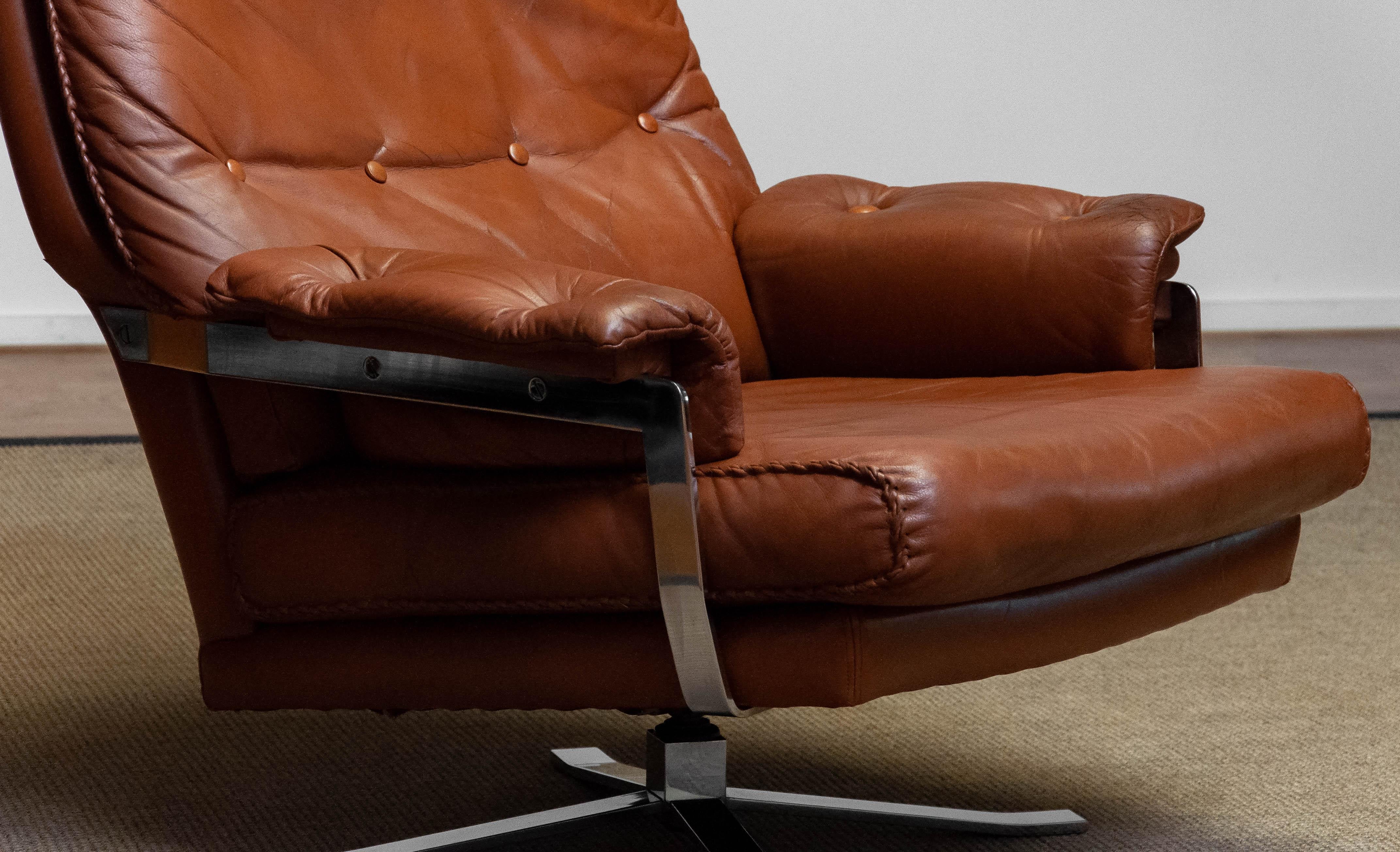 60s Tan Brown Handstitched Leather Swivel Chair by Arne Norell for Vatne Norway For Sale 3