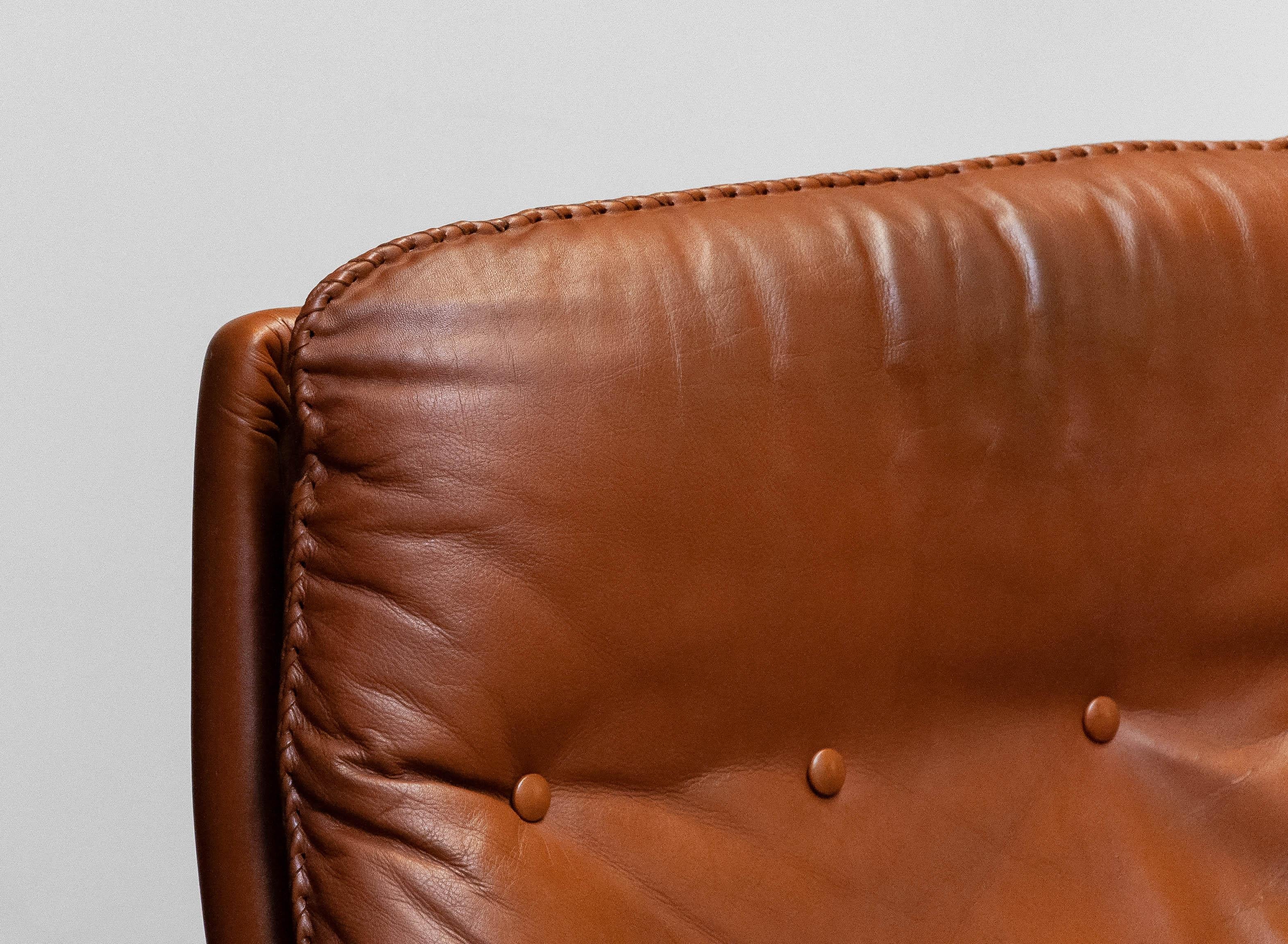60s Tan Brown Handstitched Leather Swivel Chair by Arne Norell for Vatne Norway For Sale 4