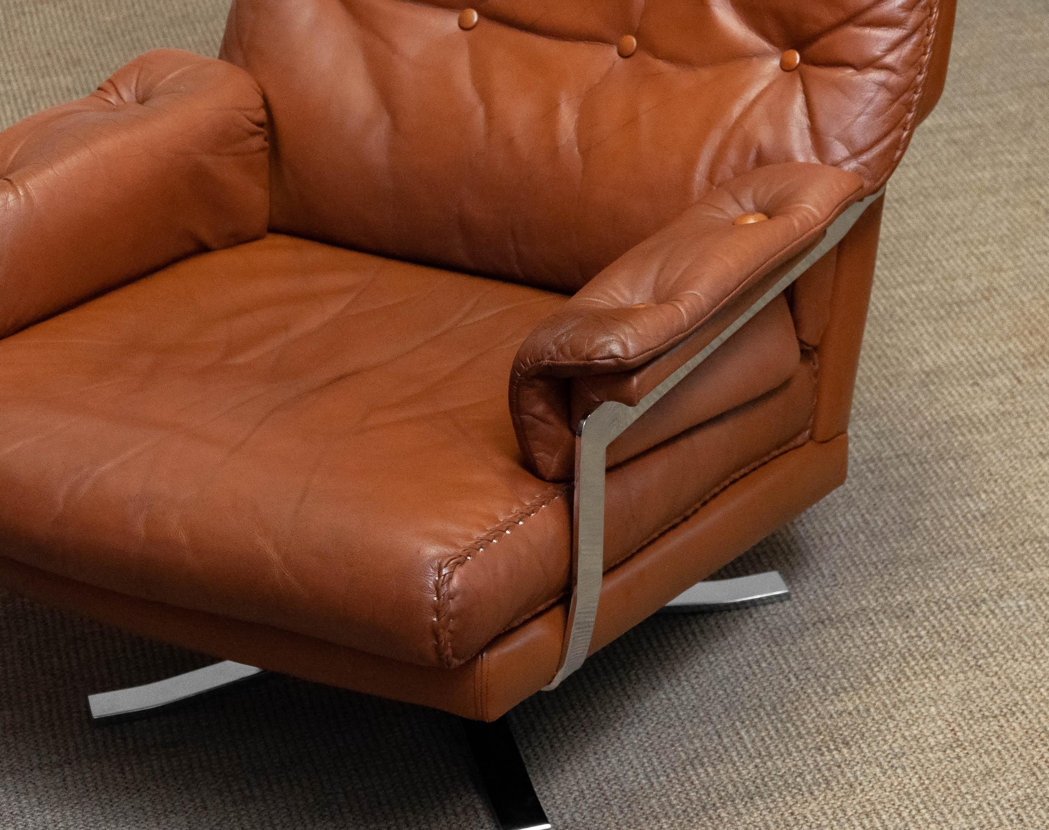 Norwegian 60s Tan Brown Handstitched Leather Swivel Chair by Arne Norell for Vatne Norway For Sale