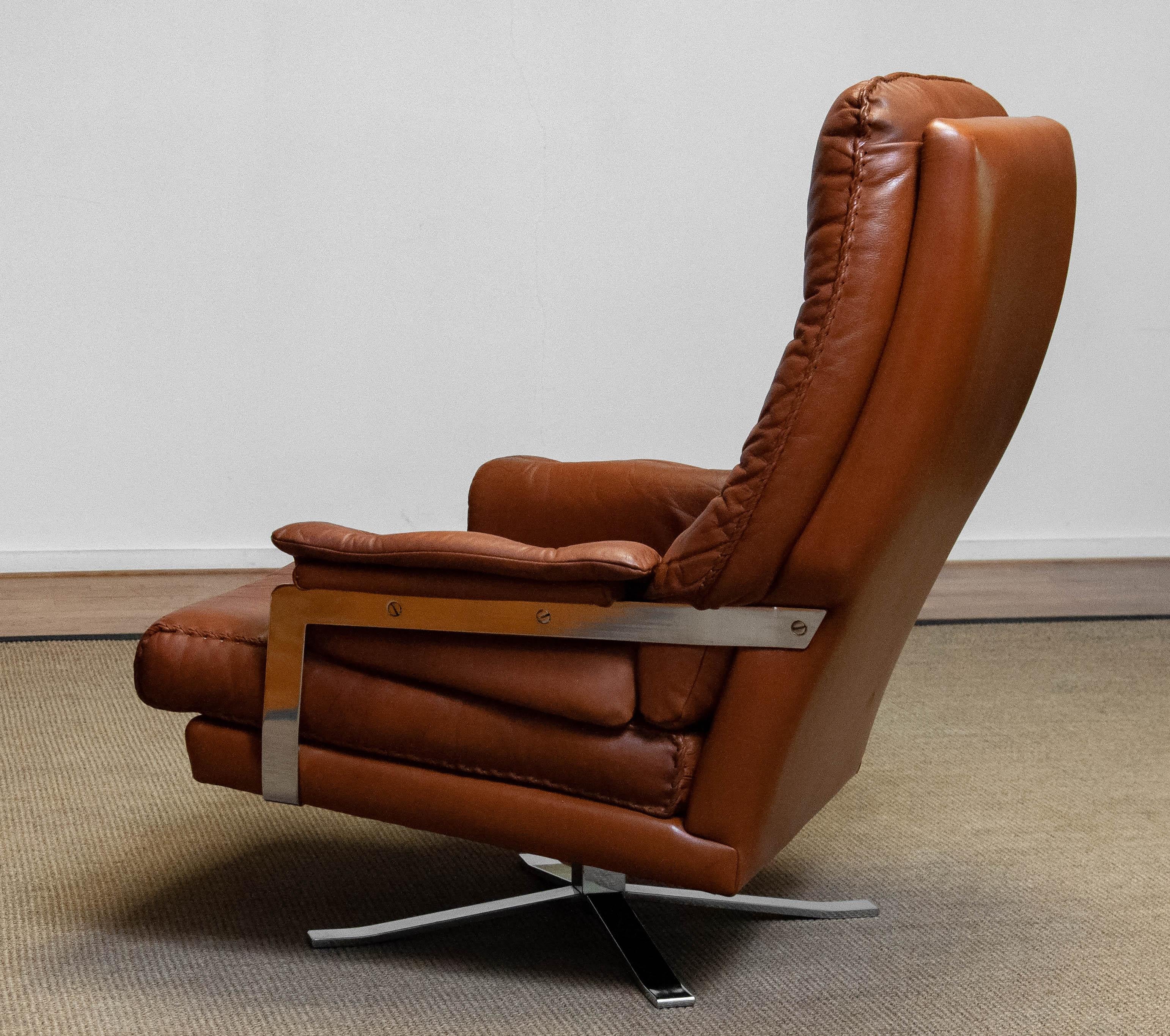 Mid-20th Century 60s Tan Brown Handstitched Leather Swivel Chair by Arne Norell for Vatne Norway For Sale