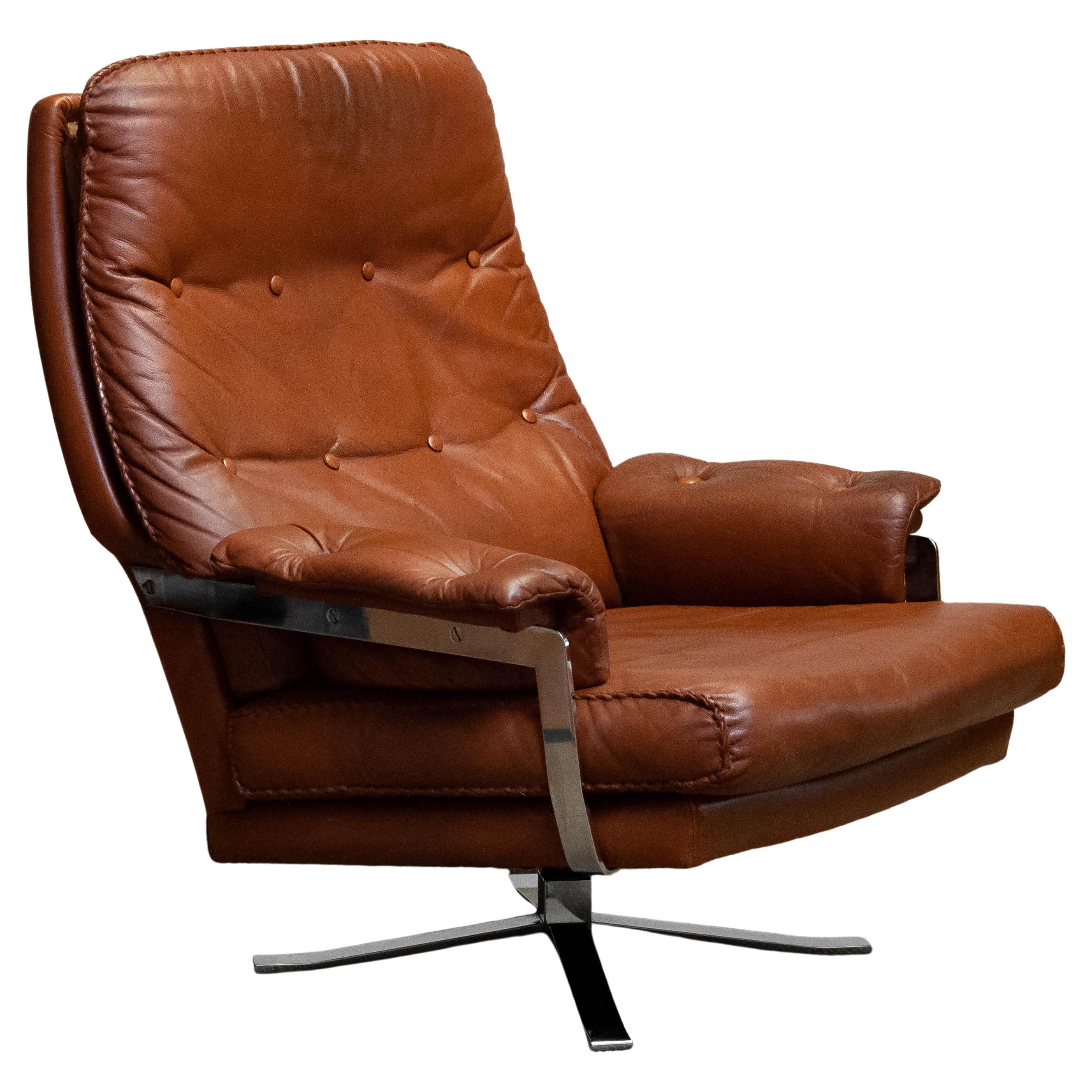 60s Tan Brown Handstitched Leather Swivel Chair by Arne Norell for Vatne Norway For Sale