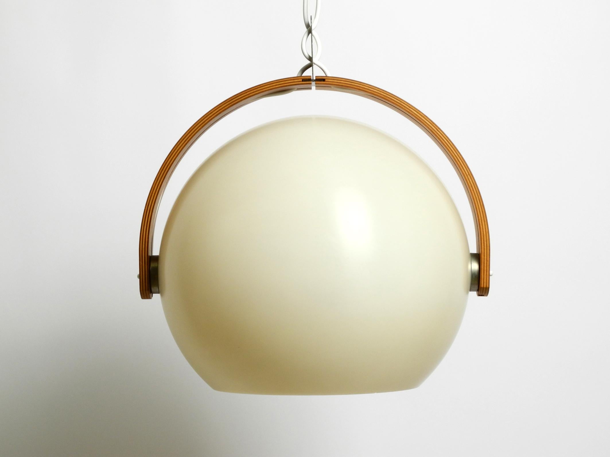 60s Temde Space Age pendant lamp with teak plywood and a sperical lampshade In Good Condition For Sale In München, DE