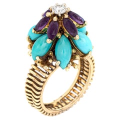 Vintage 60s Turquoise Amethyst Diamond Ring 14k Yellow Gold Cocktail Sz 7 Jewelry 