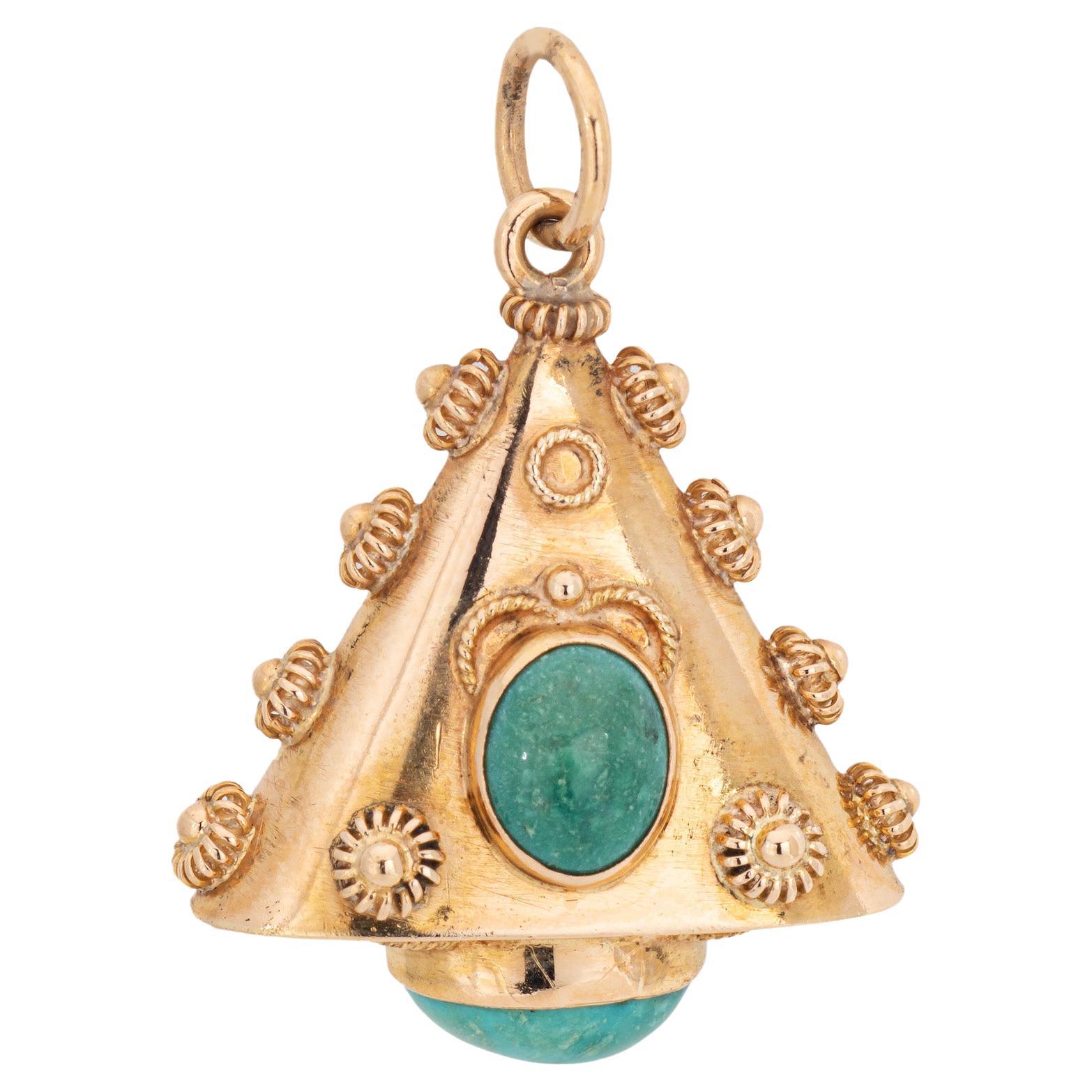 60s Turquoise Charm Vintage Etruscan Revival 18k Yellow Gold Triangle Pendant  For Sale