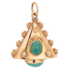 60s Turquoise Charm Retro Etruscan Revival 18k Yellow Gold Triangle Pendant 