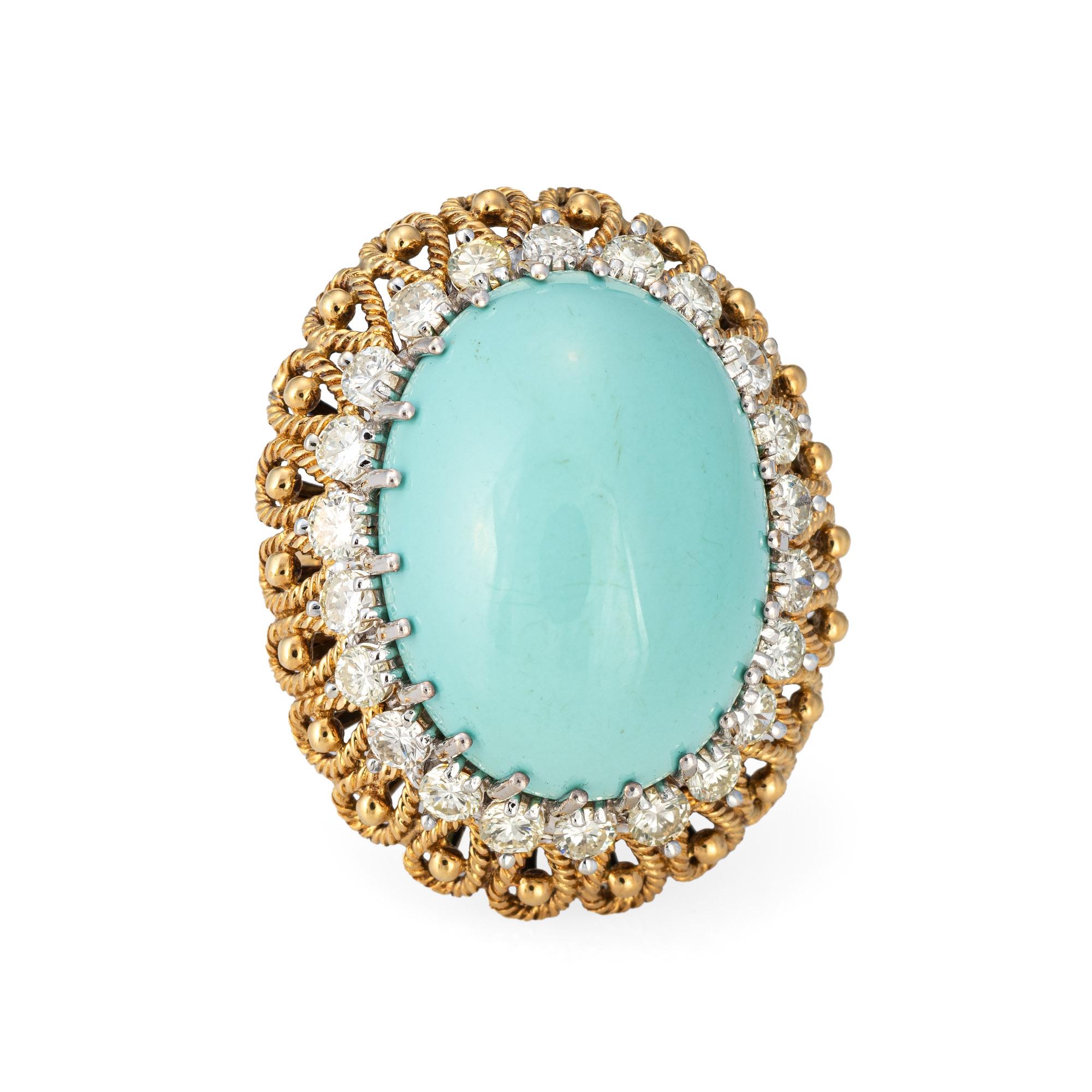 Stylish vintage turquoise & diamond cocktail ring (circa 1960s) crafted in 18 karat yellow gold. 

Cabochon cut turquoise measures 20mm x 14mm. 22 round brilliant cut diamonds total an estimated 0.90 carats (estimated at I-J-K color and VS2-I1