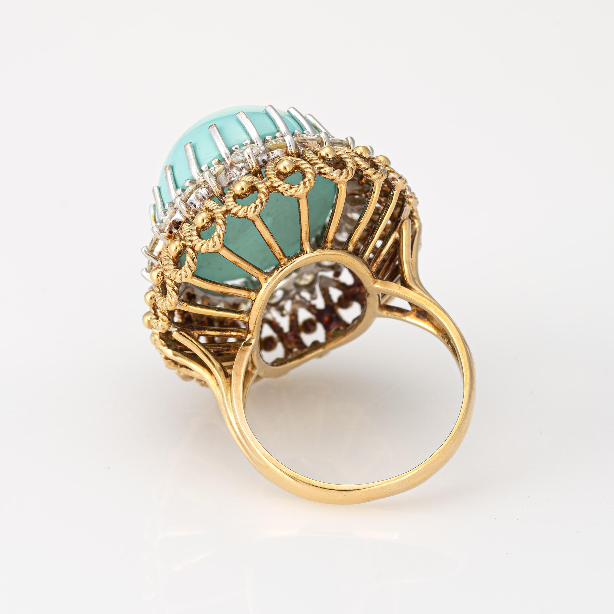 Modern 60s Turquoise Diamond Ring Vintage 18k Yellow Gold Large Oval Cocktail Jewelry