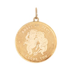 60s Vintage Angel Devil Charm I Love You 14k Yellow Gold Pendant Fine Jewelry