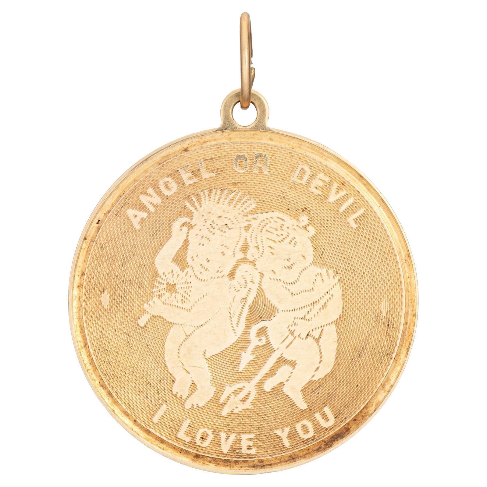 60s Vintage Angel Devil Charm I Love You 14k Yellow Gold Pendant Fine Jewelry