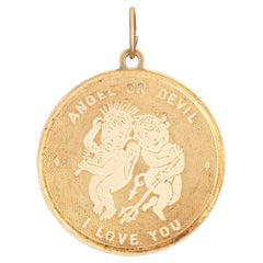 60s Vintage Angel Devil Charm I Love You 14k Yellow Gold Pendant Fine Jewelry