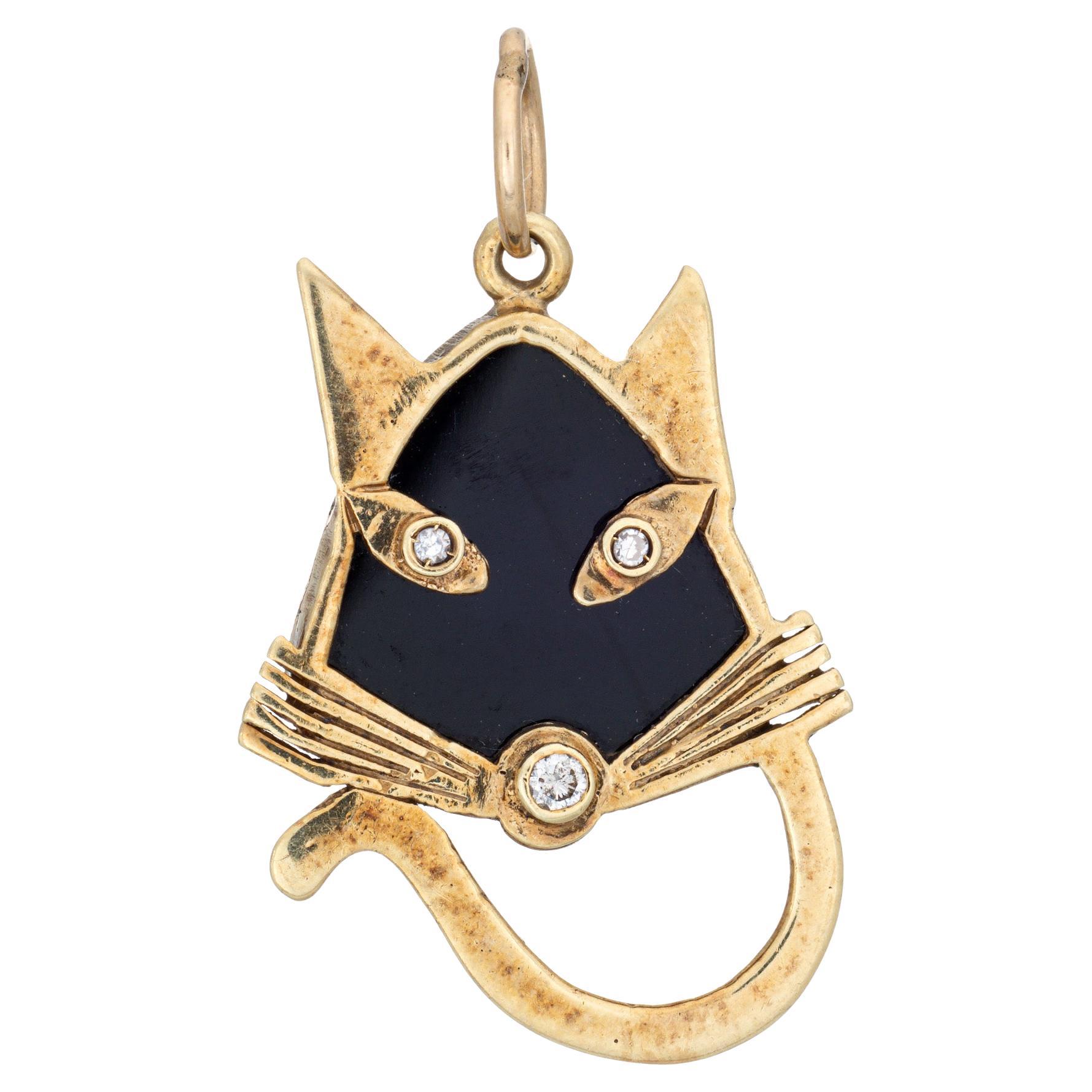 60s Vintage Black Cat Charm Diamond Eyes Onyx Kitty 14k Gold Pendant Animal