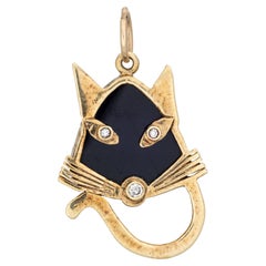 60s Vintage Black Cat Charm Diamond Eyes Onyx Kitty 14k Gold Pendant Animal