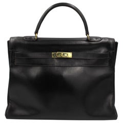 60's Vintage Black Hermes Kelly Handbag 35 