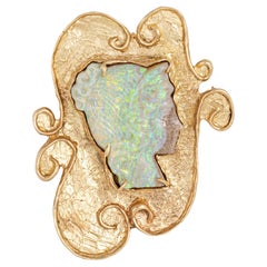 60s Vintage tallada Opal Cameo Colgante 14k Amarillo Broche de Oro Fine Estate Jewelry