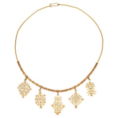 60s Vintage Collar Necklace 5 Medallion 18k Yellow Gold 15" Fine Estate Jewelry