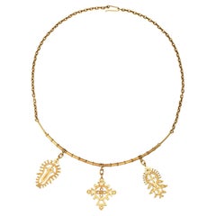 60s Vintage Collar Necklace Medallion 18k Yellow Gold 15.5" Fine Estate Jewelry