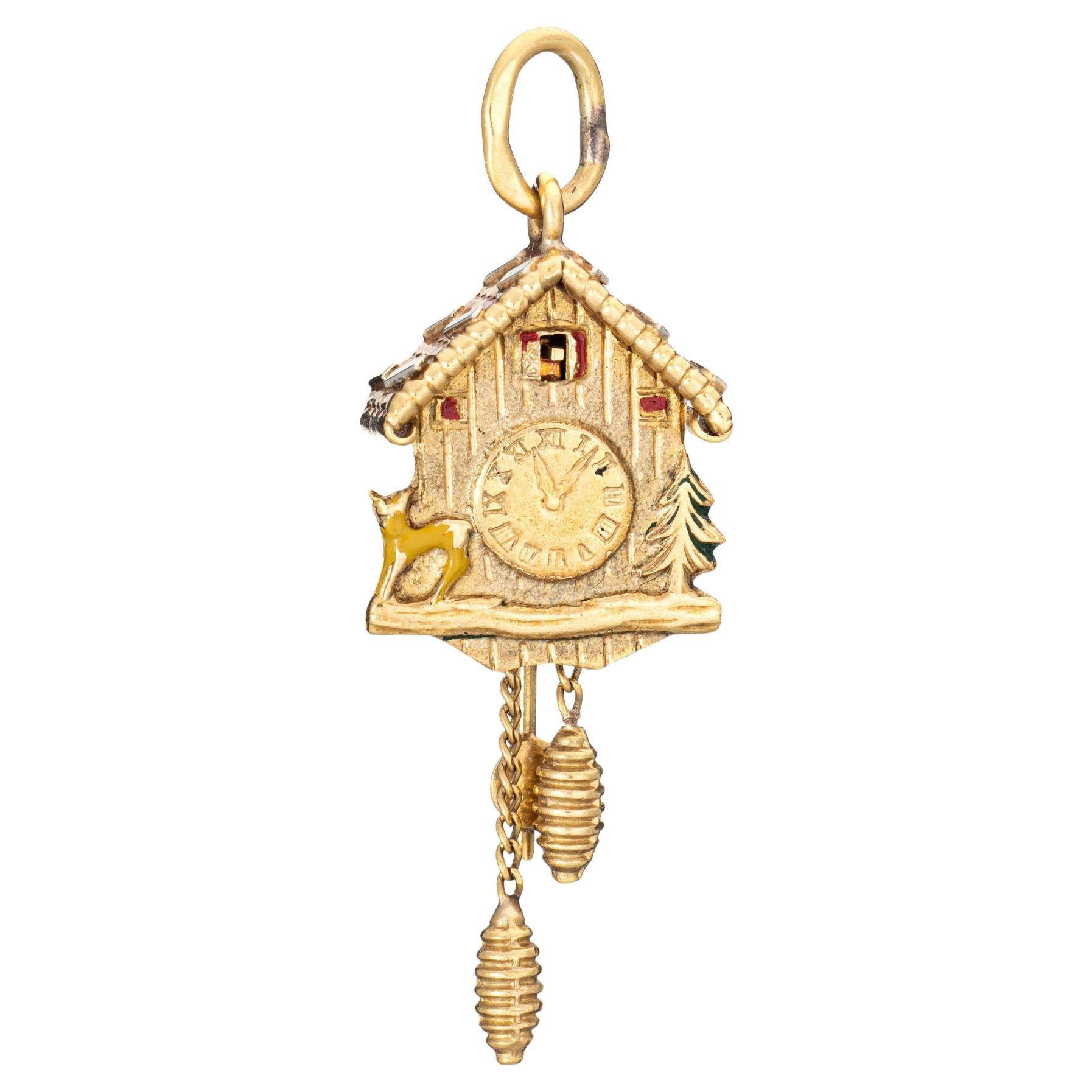 60s Vintage Kuckucksuhr Charm Moves 18k Gelbgold Anhänger Fine Jewelry