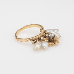 60s Vintage Diamond Pearl Charm Flower Ring Sz 6 Band Dangle Estate Jewelry