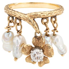 60s Vintage Diamond Pearl Charm Flower Ring Sz 6 Band Dangle Estate Jewelry