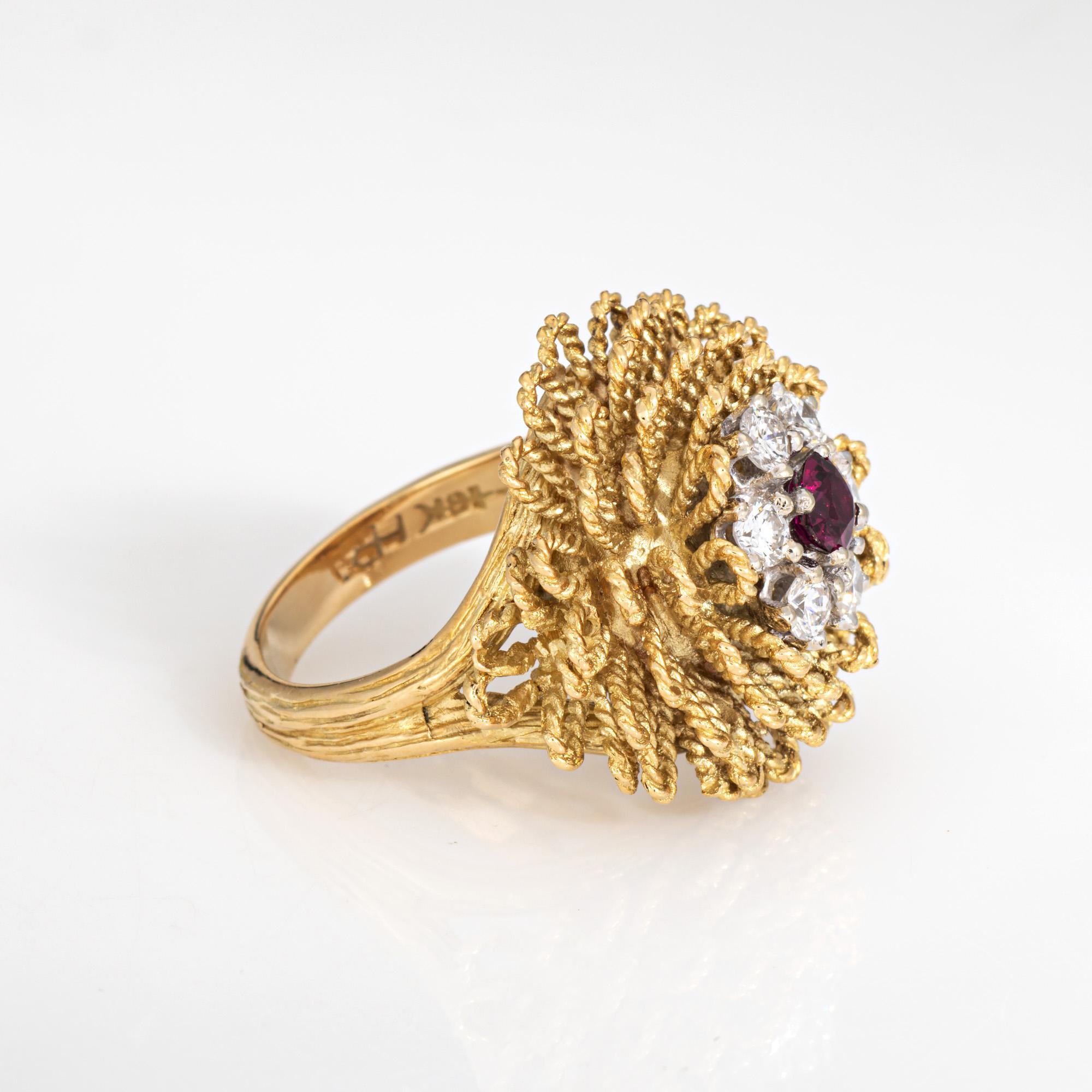 60s Vintage Diamant Rubin Ring Sz 5.25 18k Gelbgold Blume Cocktail-Schmuck (Moderne) im Angebot