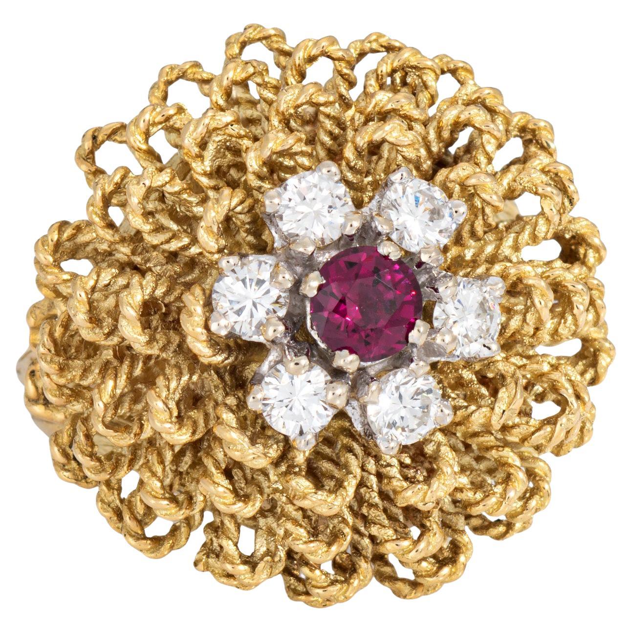 60s Vintage Diamant Rubin Ring Sz 5.25 18k Gelbgold Blume Cocktail-Schmuck