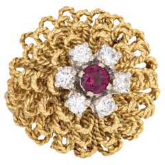 60s Vintage Diamond Ruby Ring Sz 5.25 18k Yellow Gold Flower Cocktail Jewelry